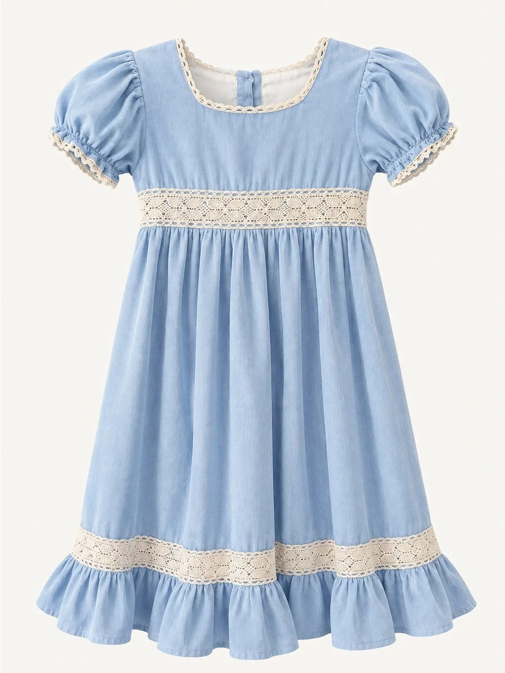 Smockingbird Girls Blue Cotton Lace Dress Puff Sleeve Ruffle Size 5